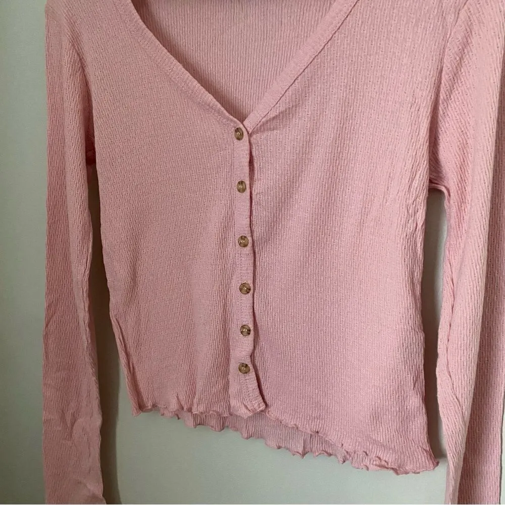 Poof Top Long Sleeve Pink Ribbed Button Front Casual Comfy - Image 4