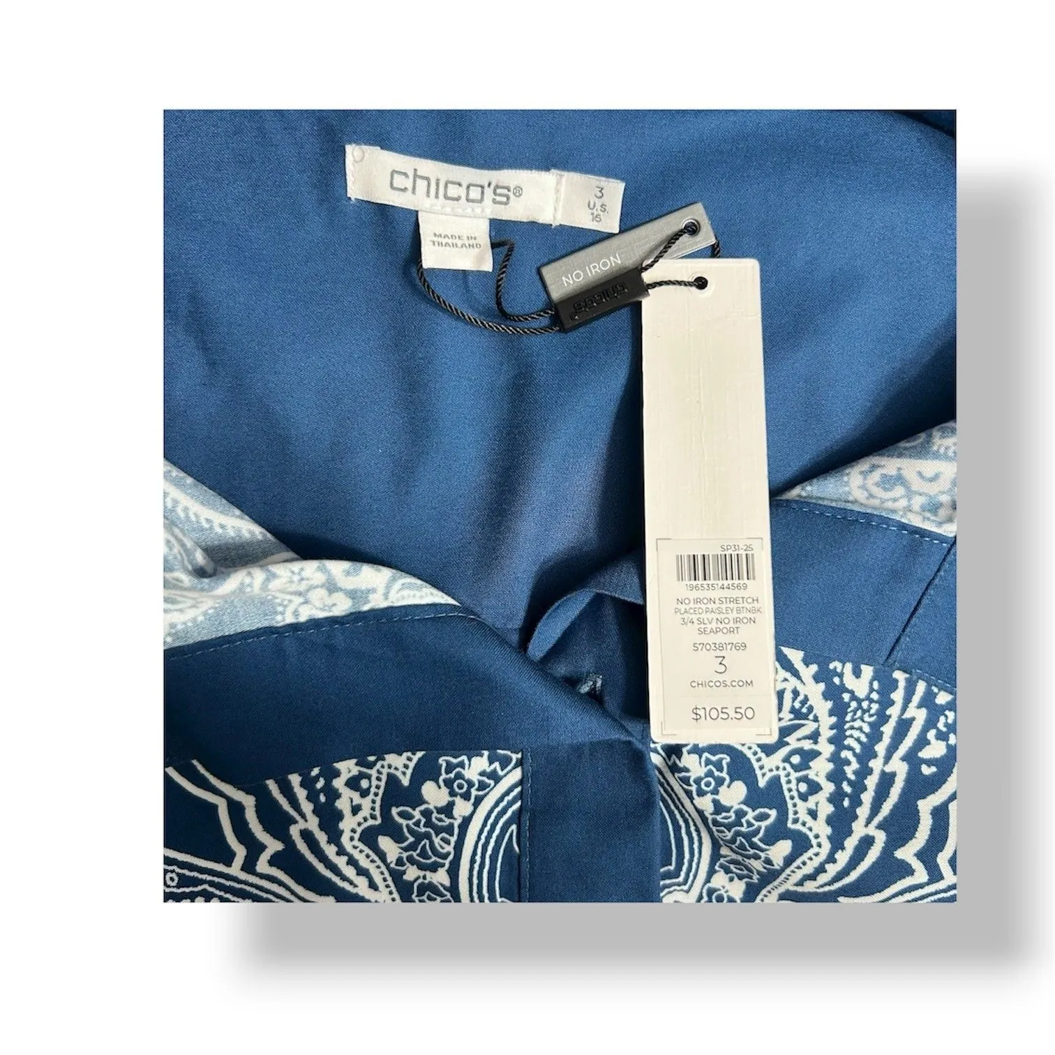 Chico’s Blue White Paisley No Iron Stretch 3/4 Sleeve Tunic Top Seaport 3 Sz XL - Image 7