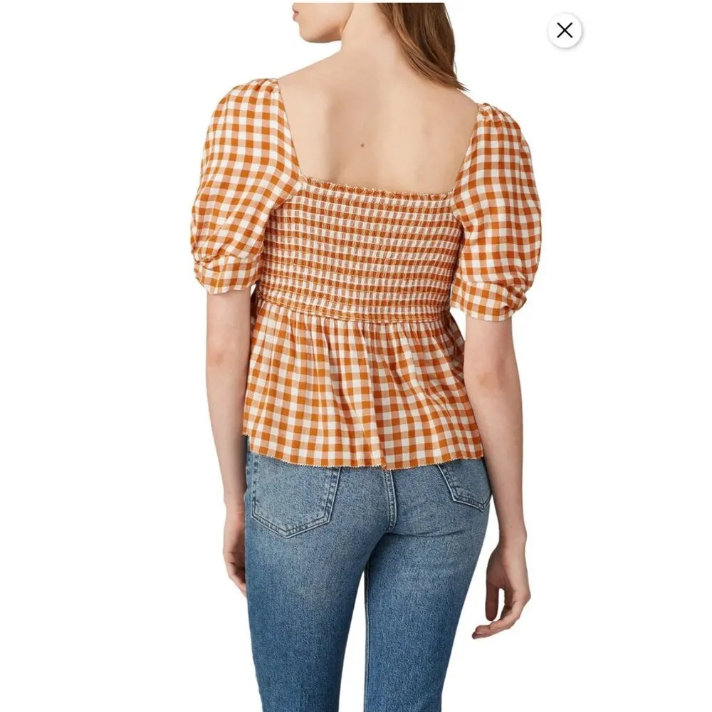 SAYLOR Glenny Gingham Puff Sleeve Top Orange White Size L - Image 2