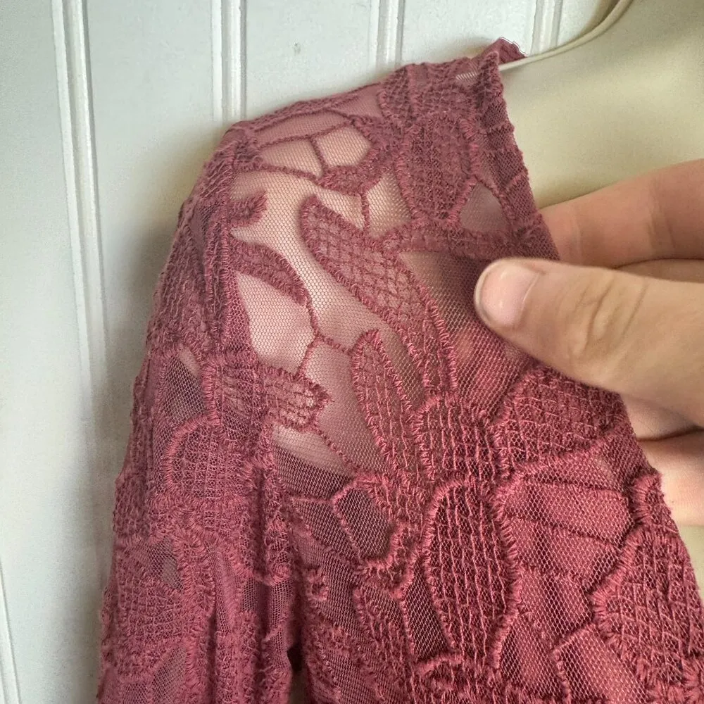 Free People Burgundy Lace Bell Sleeve Mini Dress With Slip - Image 4