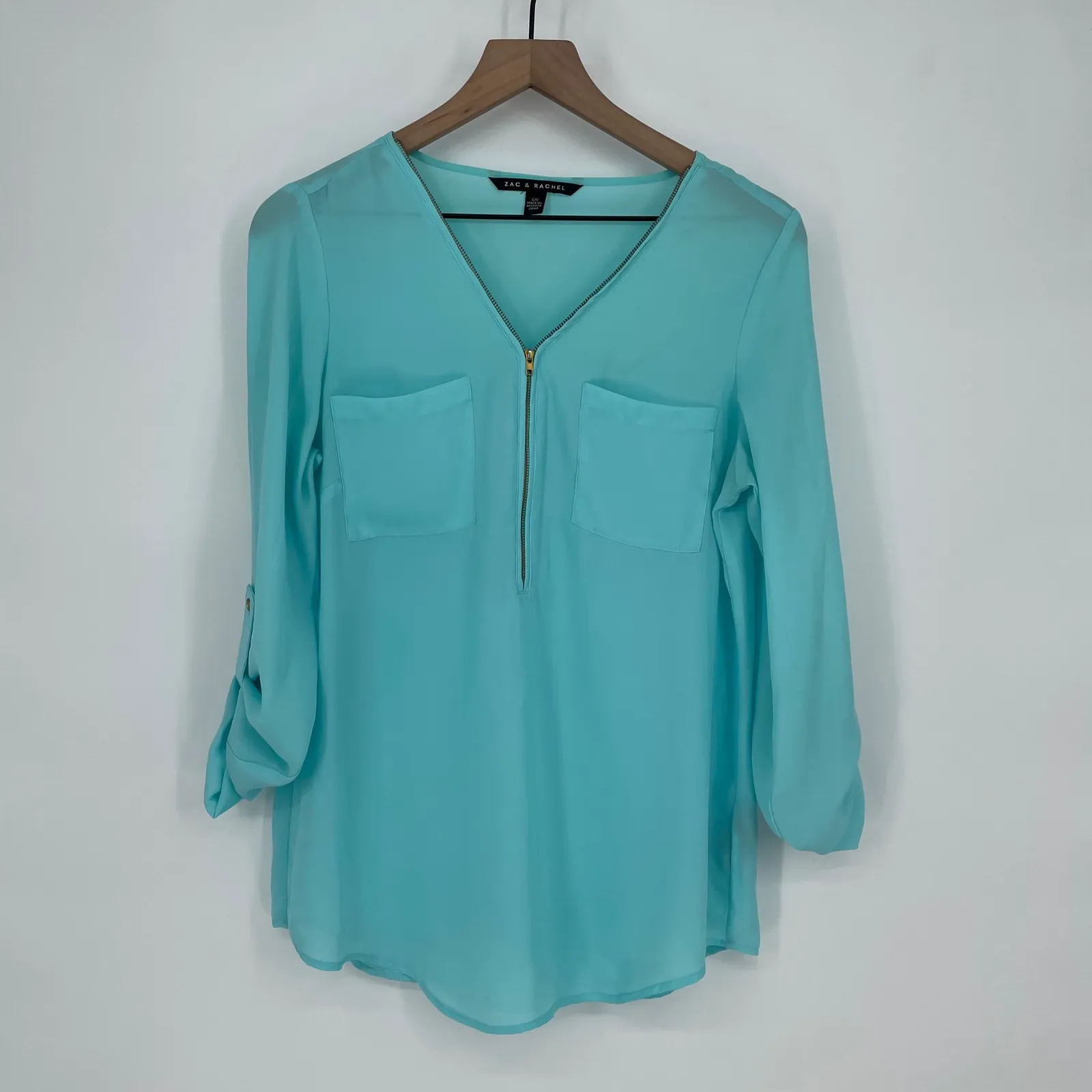 ZAC & RACHEL Turquoise V Neck Half Zip Roll Tab Sleeve Blouse Shirt Top Size S Blue - Image 2