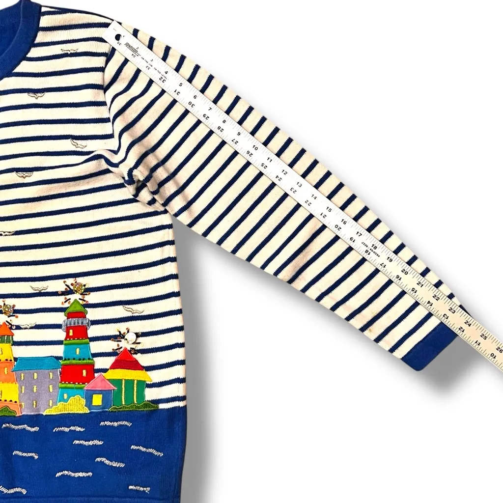 Quacker Factory Cardigan Sweater XL Embroidered Lighthouse Boats Beach Striped - Image 7
