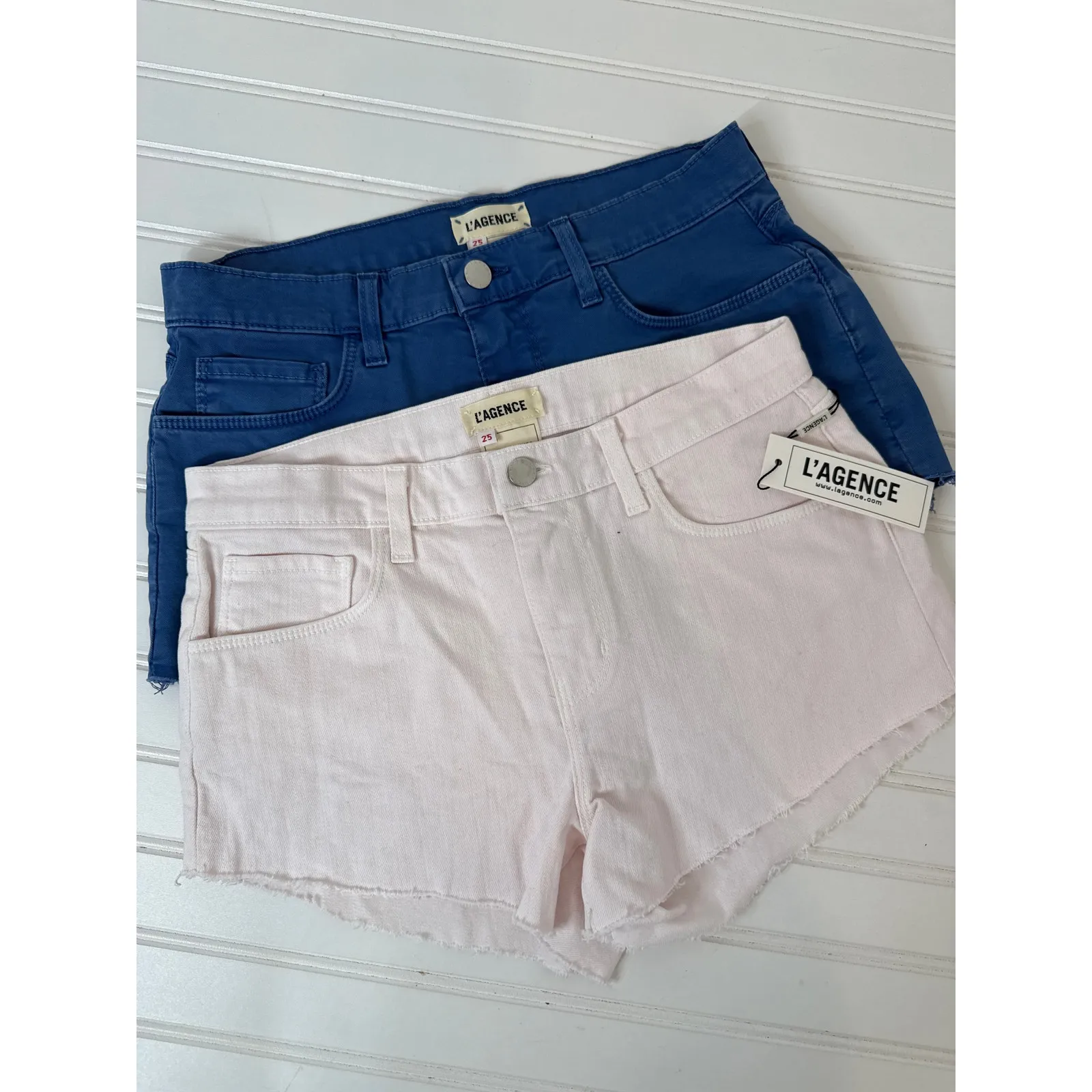 NWT L’AGENCE Audery Denim Shorts Pink & Blue Raw Hem Cut Off Bundle Size 25 - Image 3