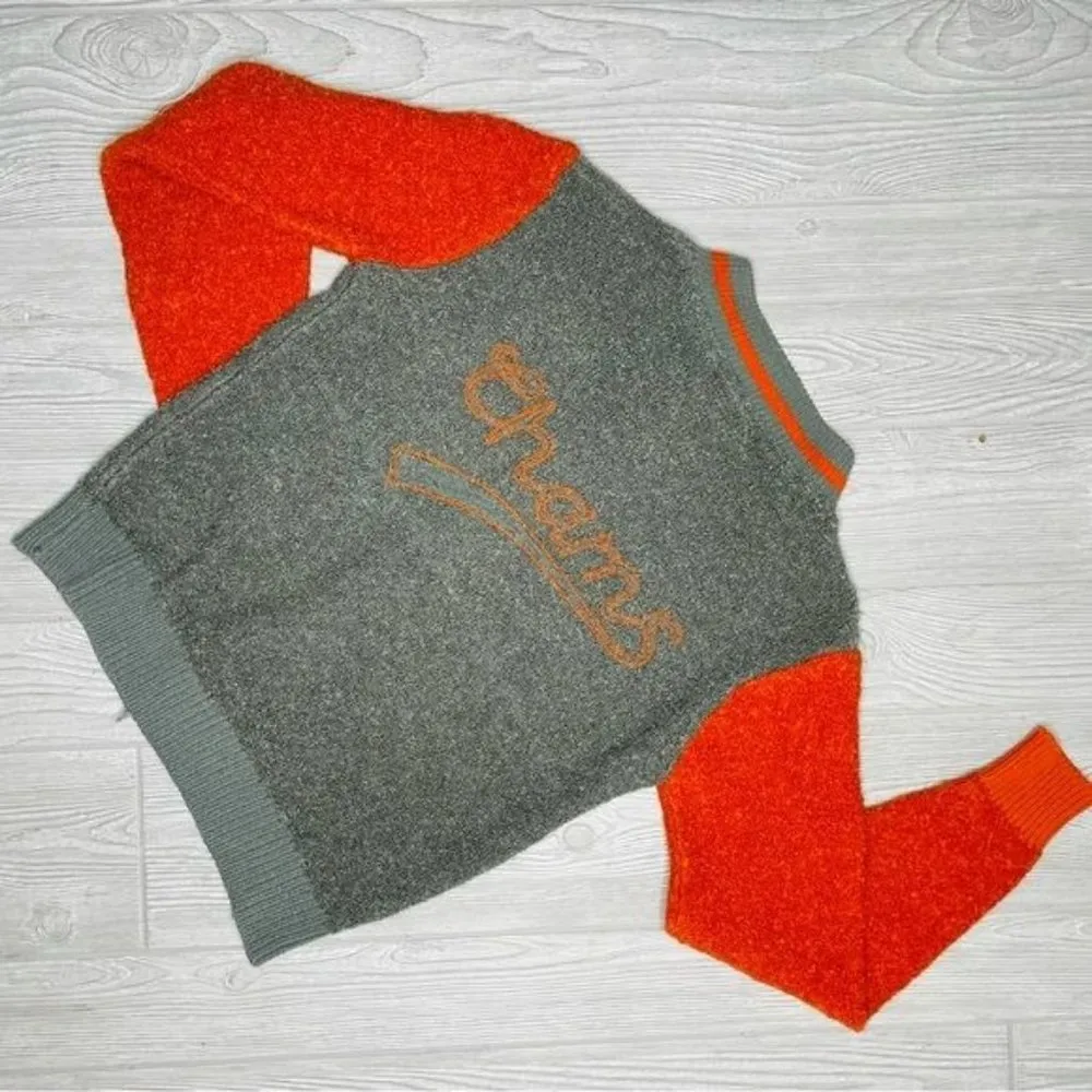 Vintage chams de baron felt type letterman style jacket / cardigan small Orange - Image 2