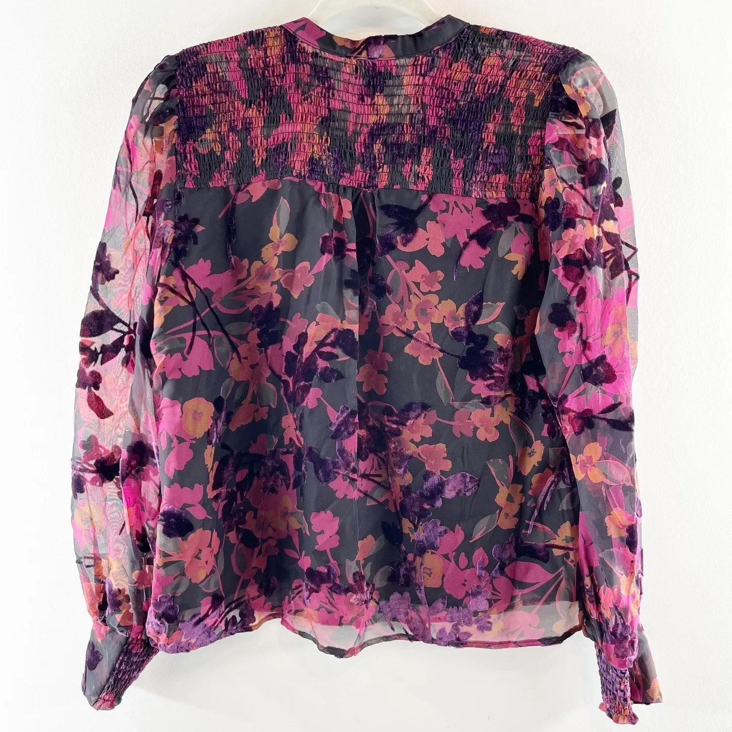 Evereve Long Sleeve Floral Velvet Embroidered Blouse Top Purple Black XS - Image 2