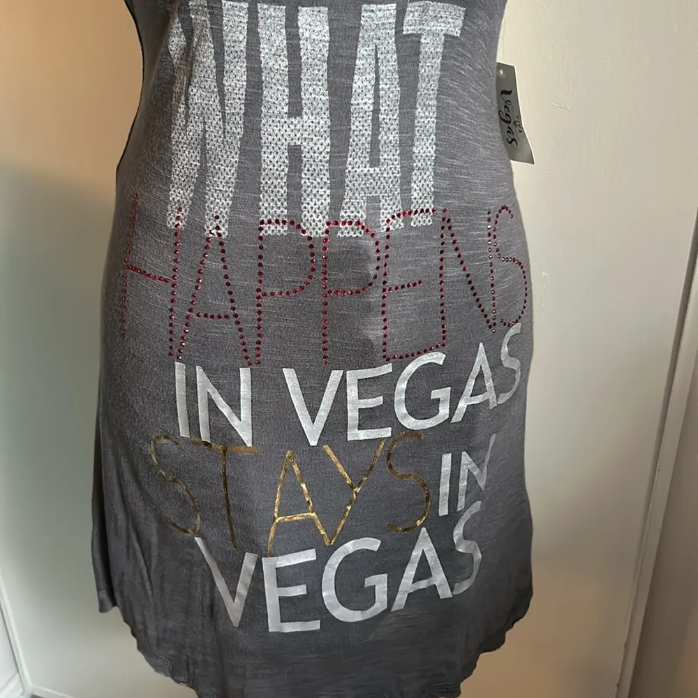 New “What Happens in Vegas Stays in Vegas” Embellished Long Tank Cover Up Gray - Image 2
