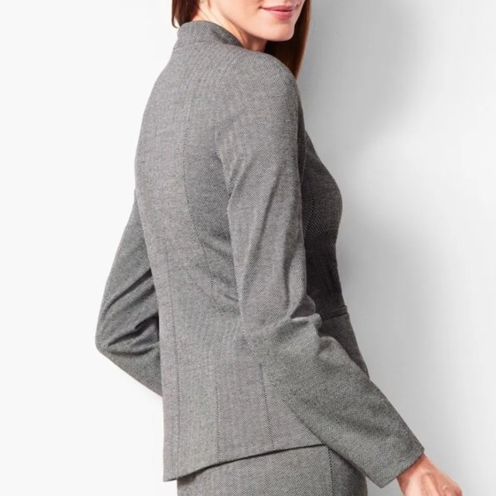 TALBOTS | Italian Luxe Knit Herringbone Front Zip Collarless Blazer Jacket, 8 - Image 2