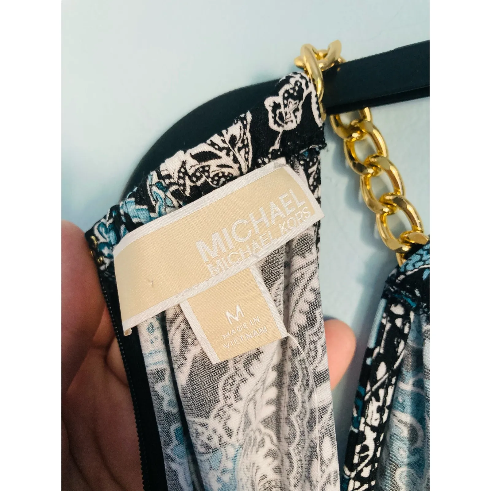 MICHAEL Michael Kors Dress Medium Paisley Gold Chain Dressy Whimsical Blue - Image 7