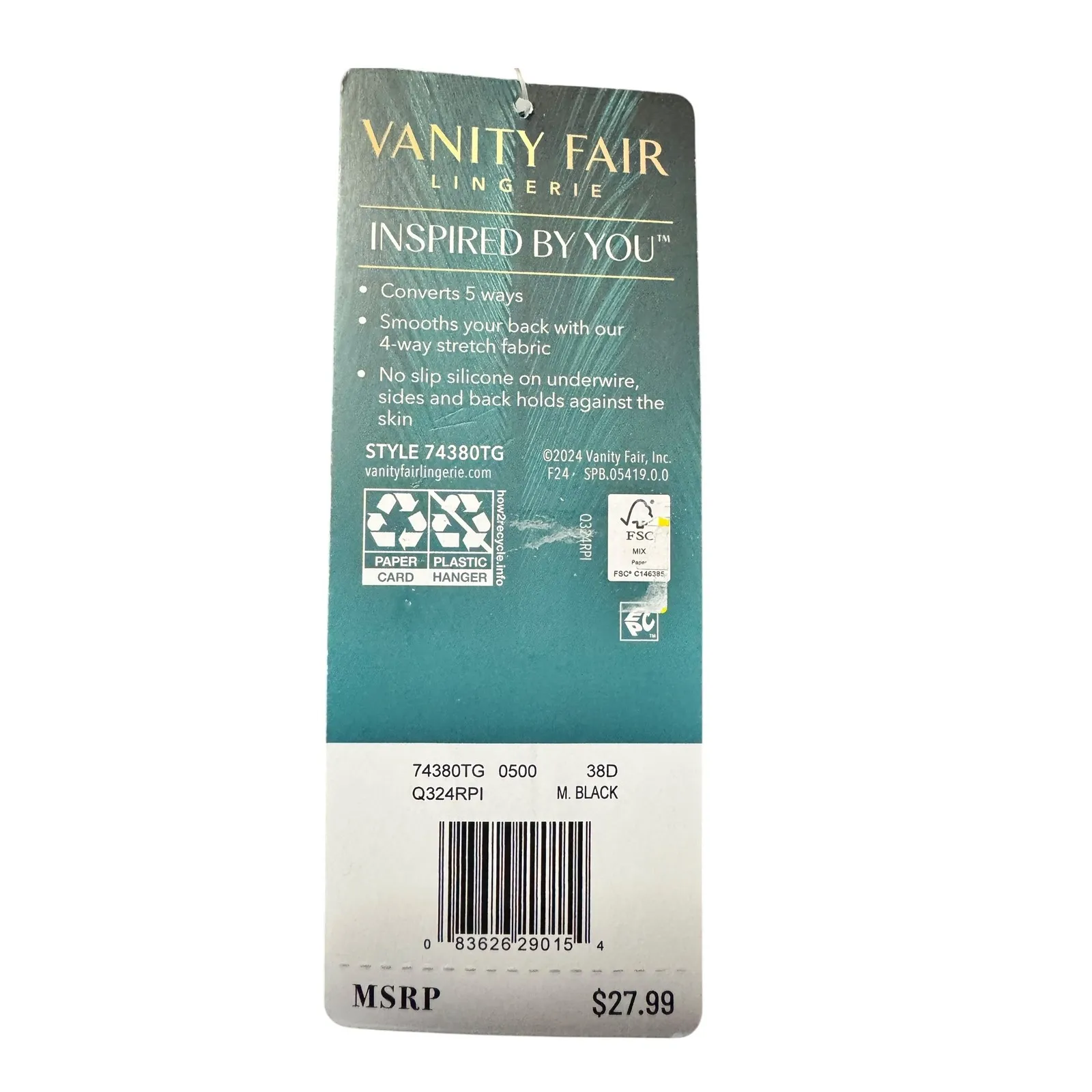 Vanity Fair Strapless Bra Convertible Underwire Smooth Back Black 38D - Image 2