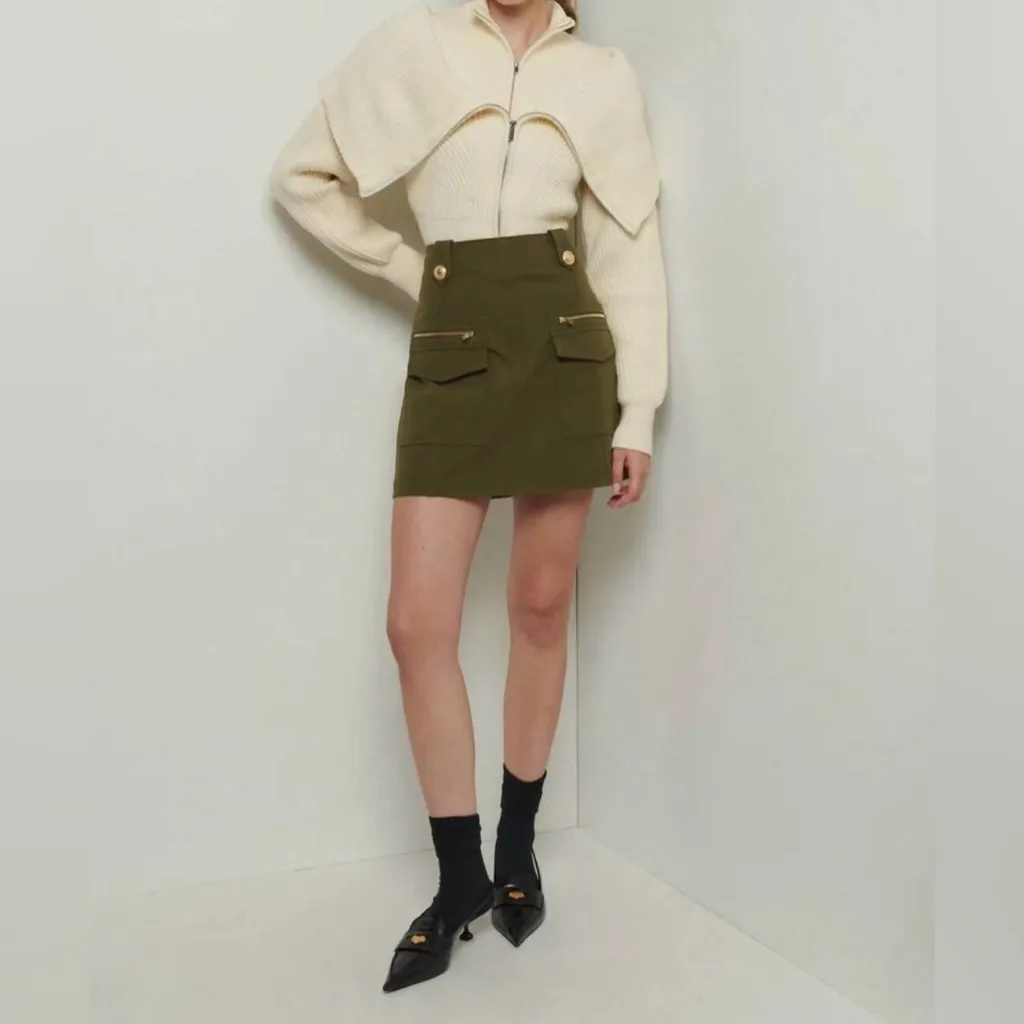 Derek Lam 10 Crosby Trix Gold Buttons High-Waisted Utility Skirt Army Green Sz 4 - Image 3