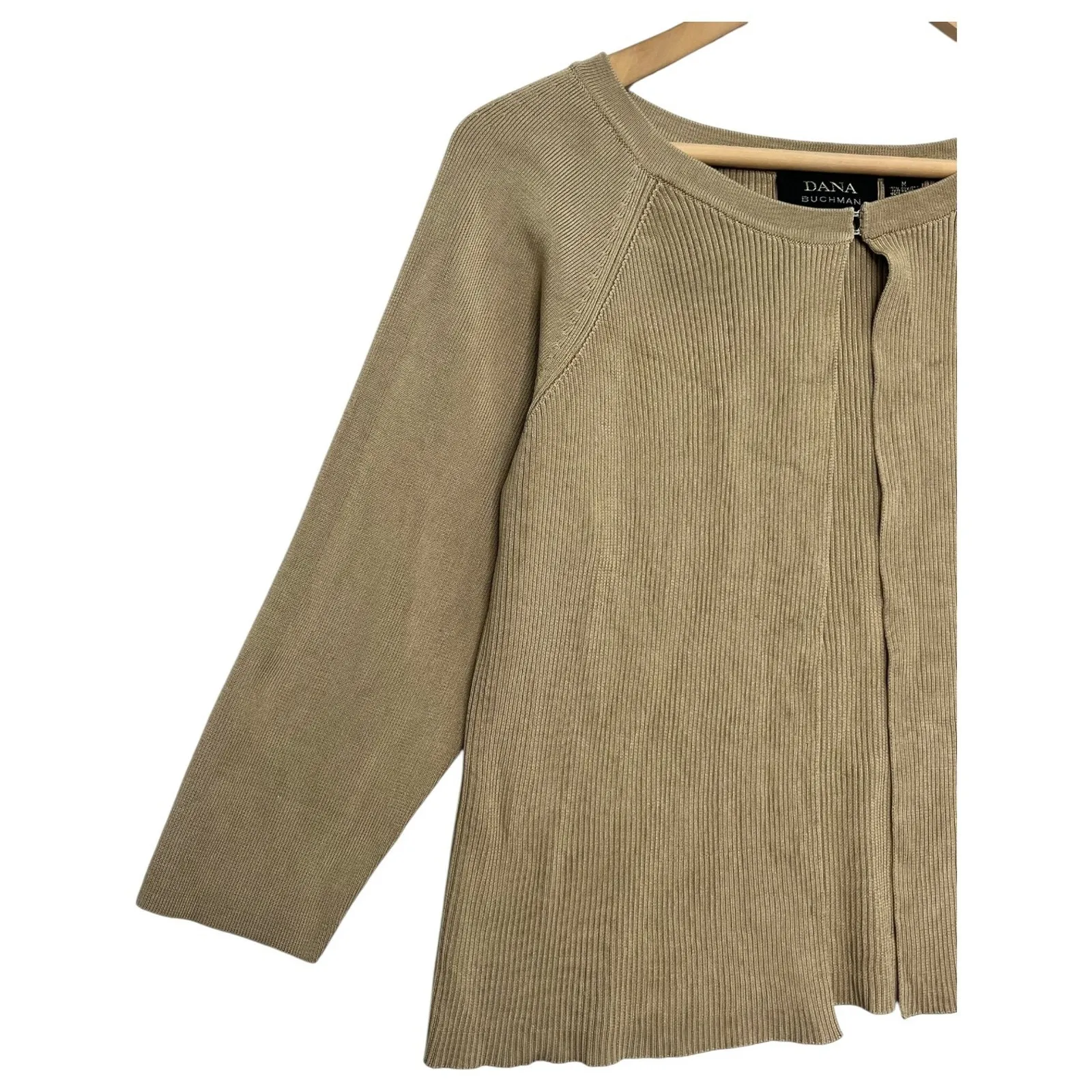 Dana Buchman Cardigan Sweater Womens Medium Tan Silk Ribbed 3/4 Sleeve Classic - Image 6