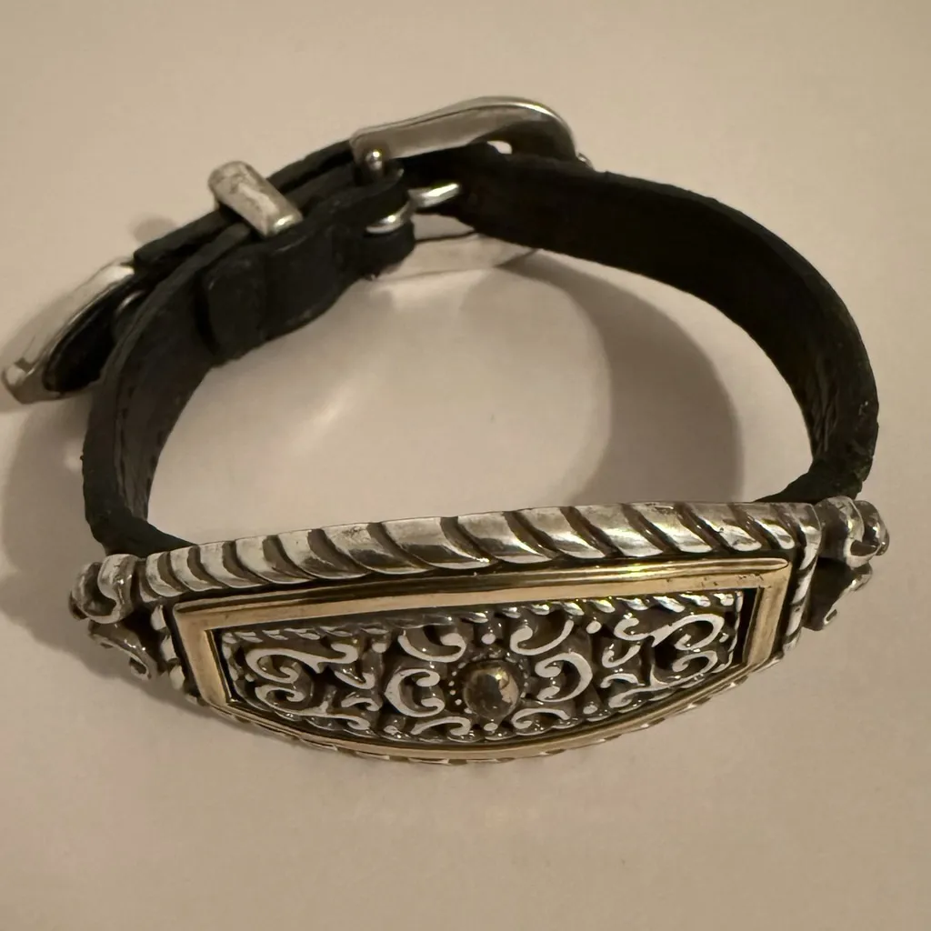 Vintage Brighton Leather Bracelet Silver Gold Tone with Tin Heart Container - Image 2