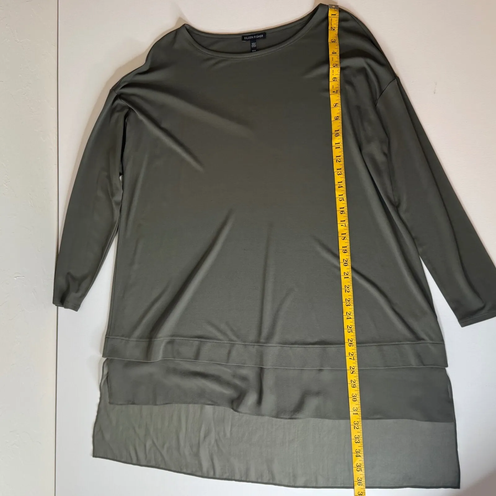 Eileen Fisher Womens 100% Silk Layered Tunic Top Medium‎ Olive Green Long Sleeve - Image 9