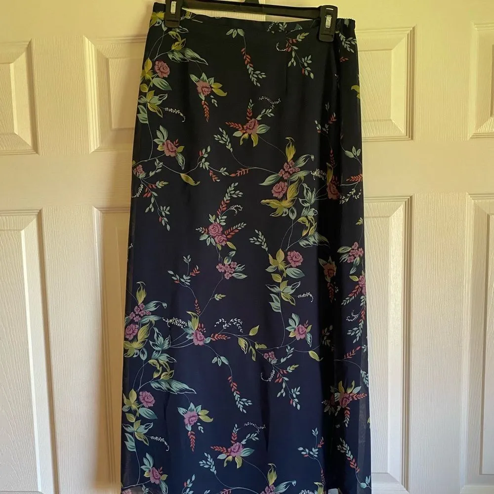 Bice 100 % polyester size 12 vintage retro blue floral maxi midi skirt lined - Image 2
