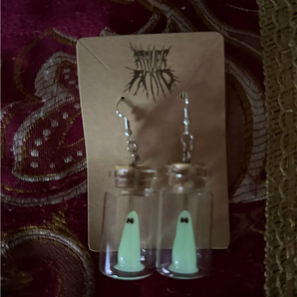 Glow In The Dark Ghost In A Jar Halloween Earrings Dangle Statement New White - Image 2
