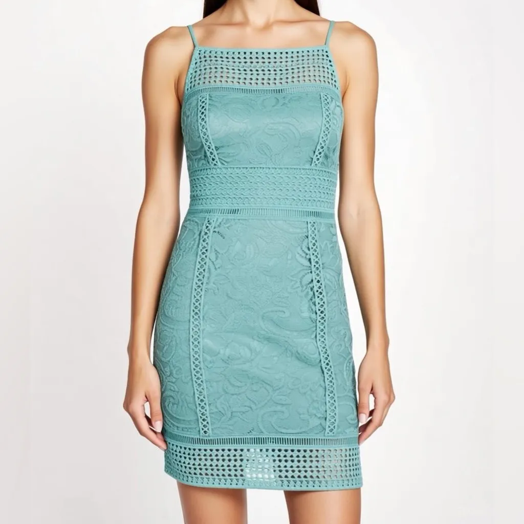 Topshop Lace Sheath Dress Aqua Blue Spaghetti Strap Square Neck Party Size S - Image 5