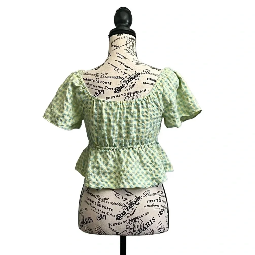 NWT Kirious Los Angeles Gingham Peplum Top S Cropped Boho Fairy Preppy Pinup Green - Image 5