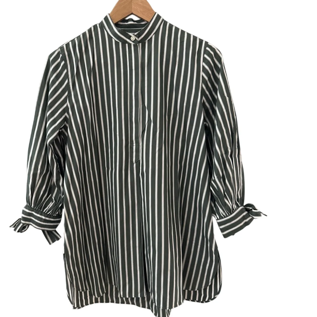 Ann Mashburn Christiane Tunic Tie Hem Green/Cream Bengal Stripe Poplin Size XS - Image 2