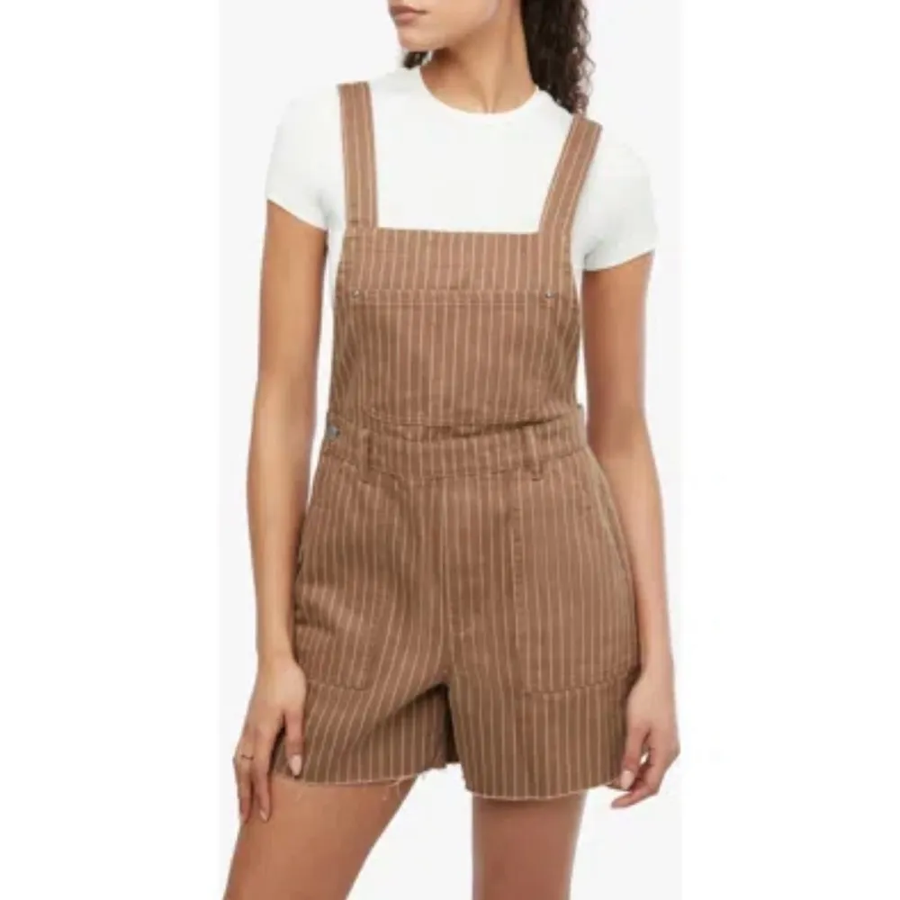 NWT We Wore What Shorts Bib Overalls Brown Pinstripe Cotton W/ Side Slit Size S - Image 9