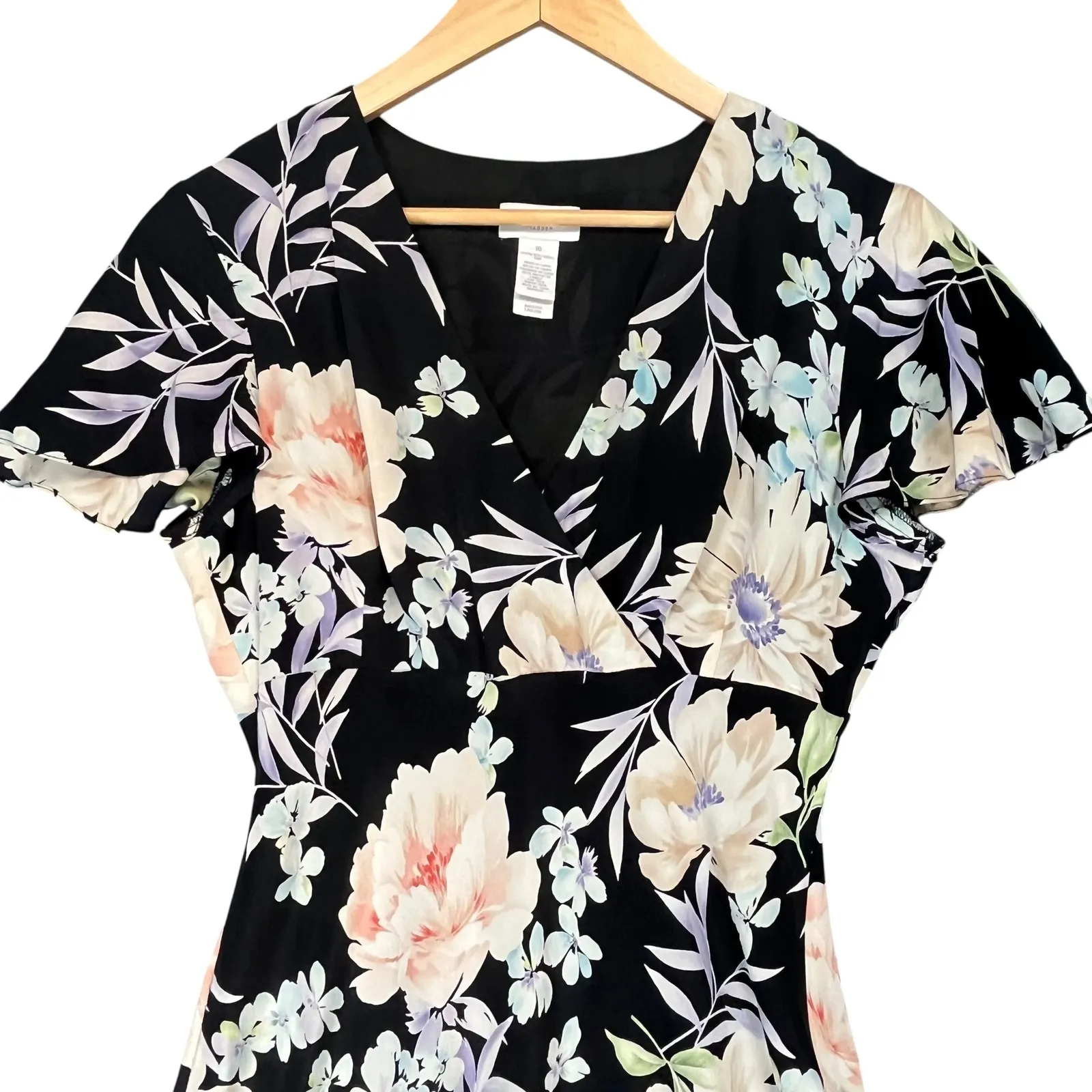 Liz Claiborne Women's Black Classic Floral Silk Capped Sleeve Midi Dress 10‎ - Image 4