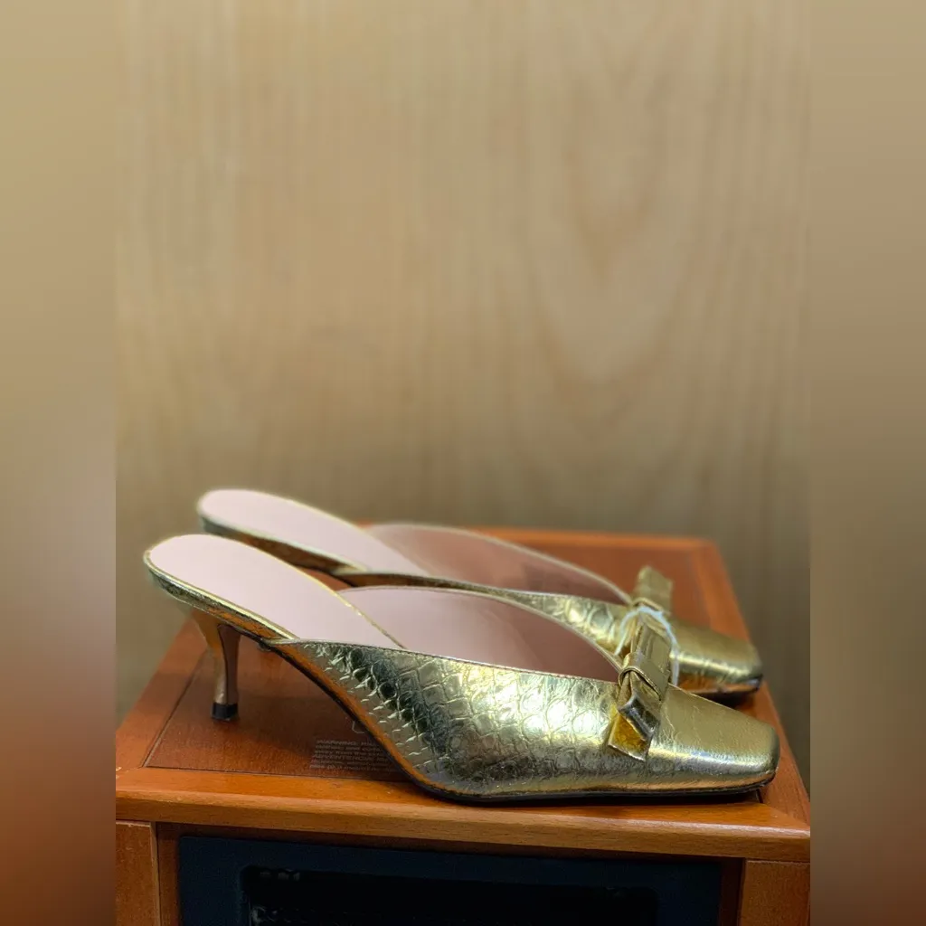 J Crew Leona Mule Heels In Metallic Snake Italian Leather Gold Bow Size-7.5 - Image 3