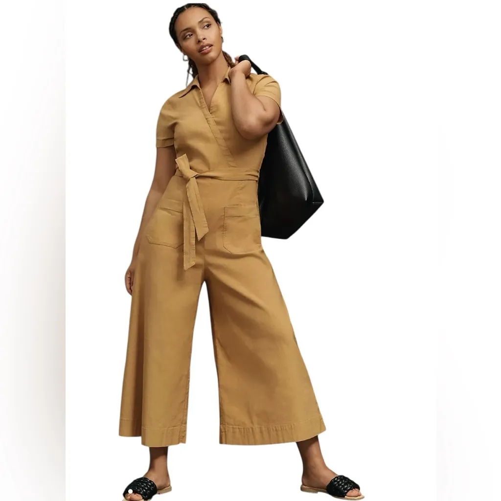 Maeve Anthropologie Faux-Wrap Gold Wide Leg Flare Culotte Jumpsuit Fall Romper - Image 2