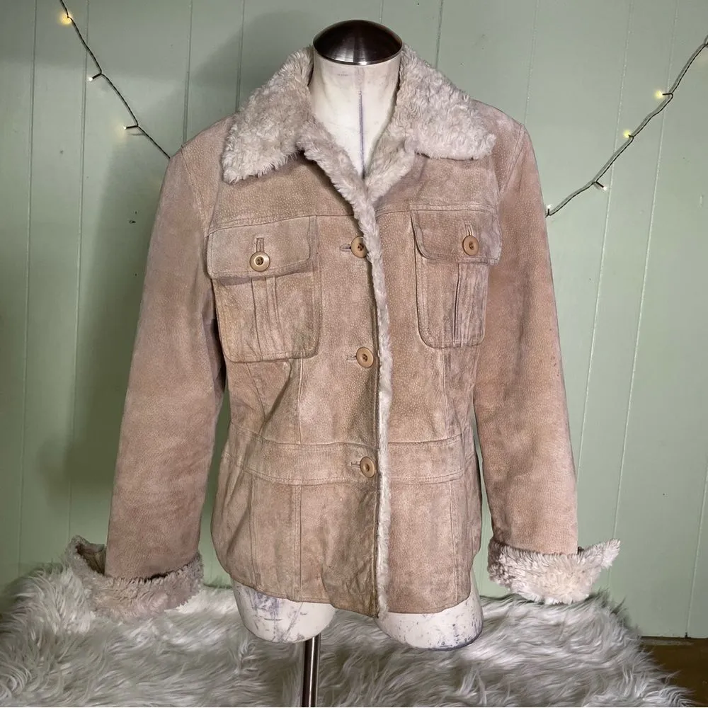Vintage Y2K Sherpa Suede‎ Coat Tan Barn Ranch Western Womens Large - Image 2