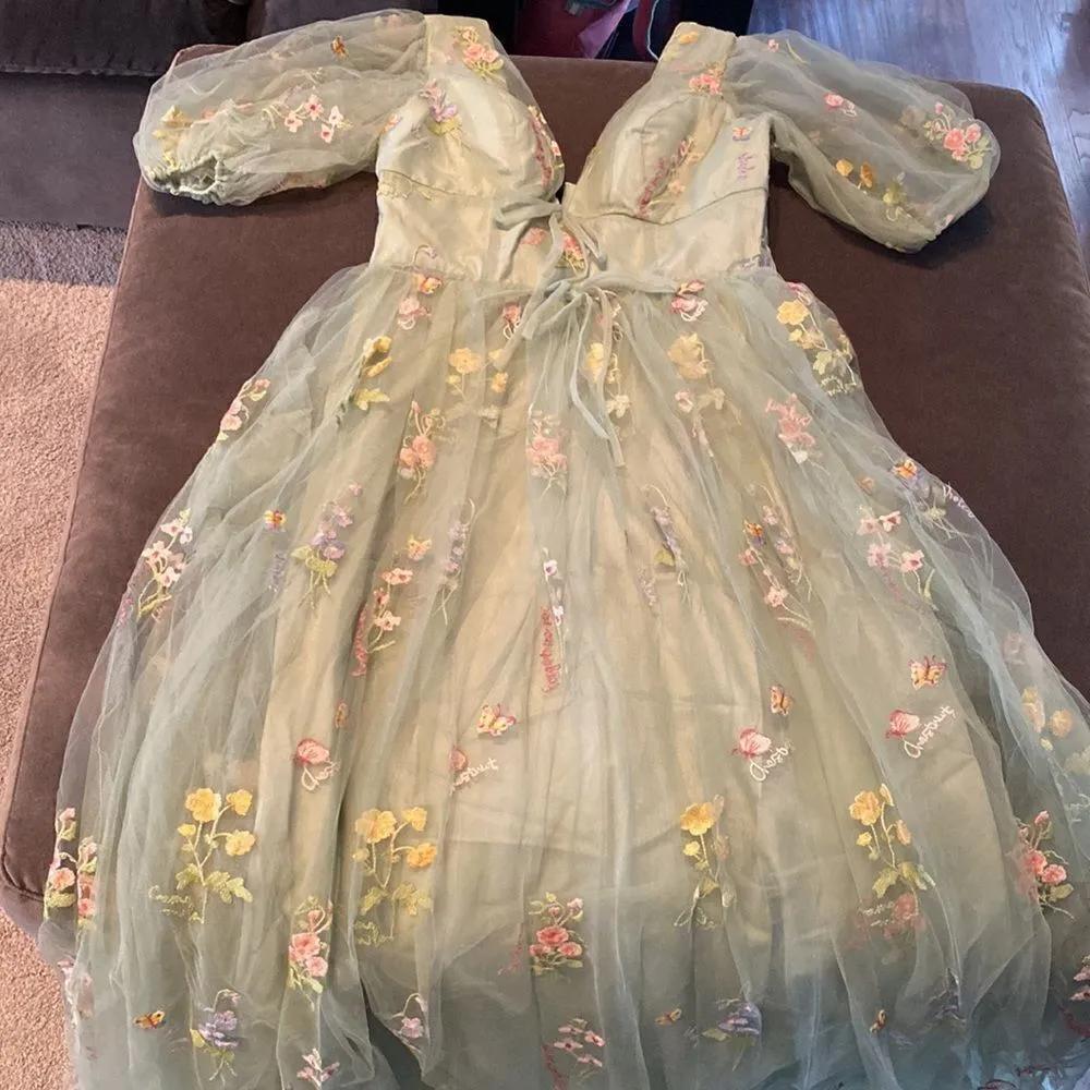 Women’s Green Dress Embroidered Flowers & Butterflies Corset Back Size 10 - Image 13