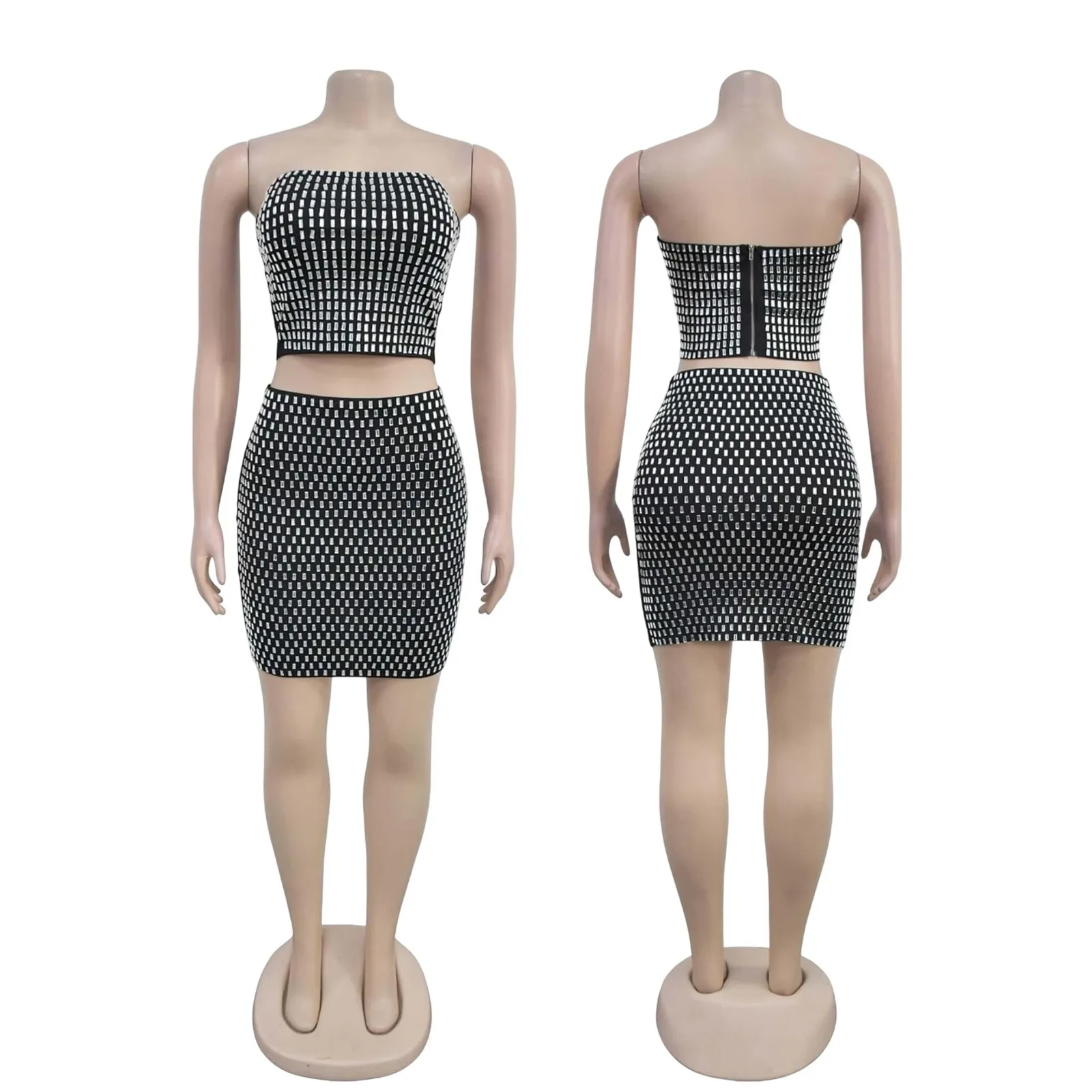 NWOT Sequin Rhinestone Tube Top and Mini Skirt Two Piece Set Black Silver Med - Image 3