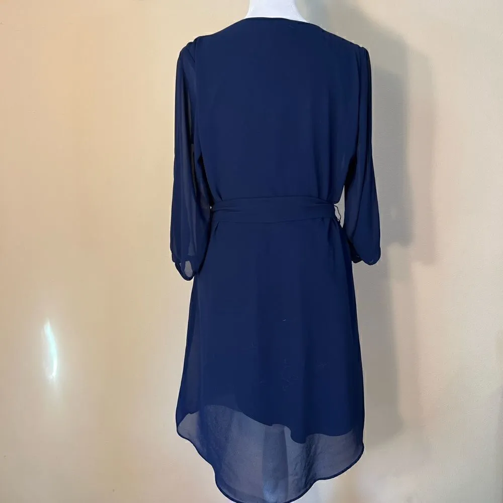 A. Byer Blue Semi Sheer Long Sleeve Strappy V Neck Belted Dress Medium - Image 3