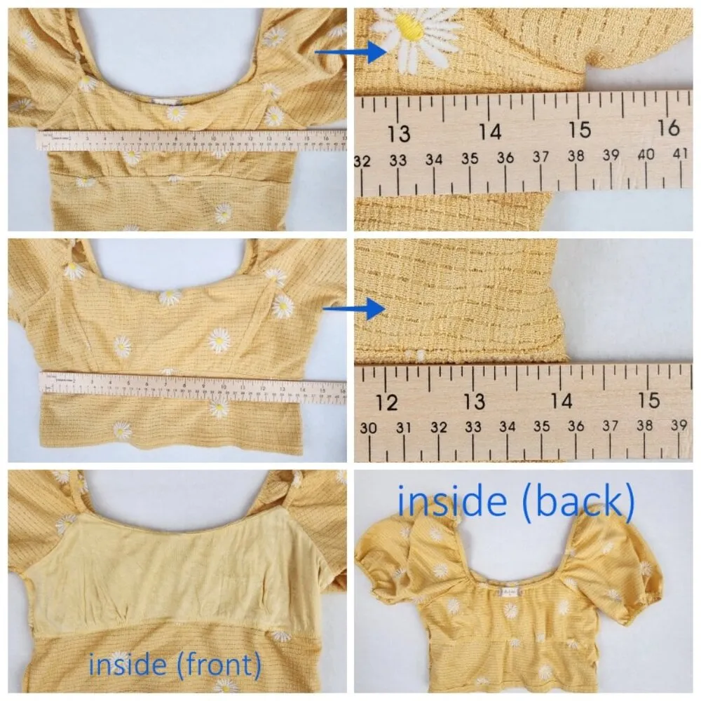 Altar'd State Womens Daisy Puff Sleeve Crop Top Size M Yellow with White Daisies - Image 7