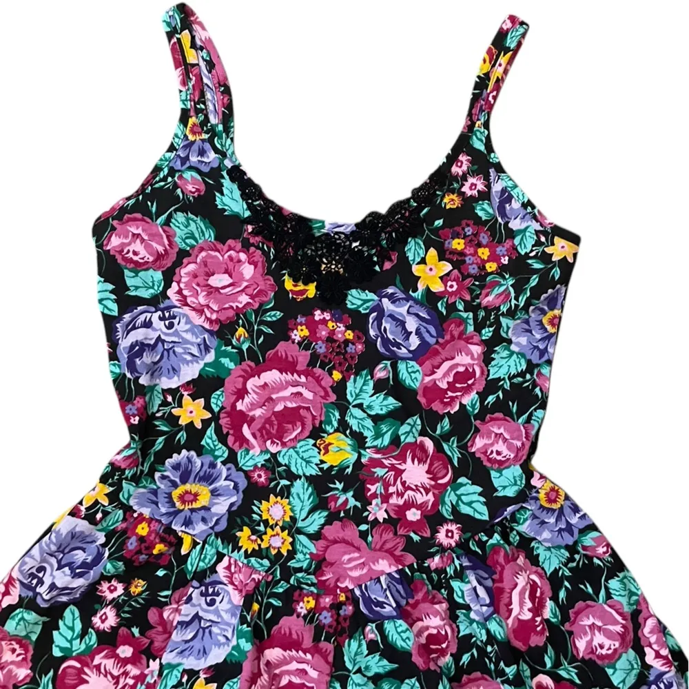 Vintage 80s 90s Black Goth Whimsygoth Witchy Floral Lace Sleeveless Midi Dress Size M - Image 2