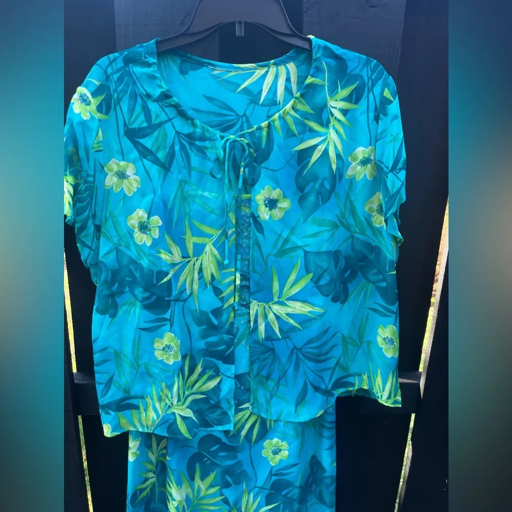 Robbie Bee Women's Aqua Floral Maxi Spaghetti Strap Dress & Sheer Blouse Size 14 - Image 2