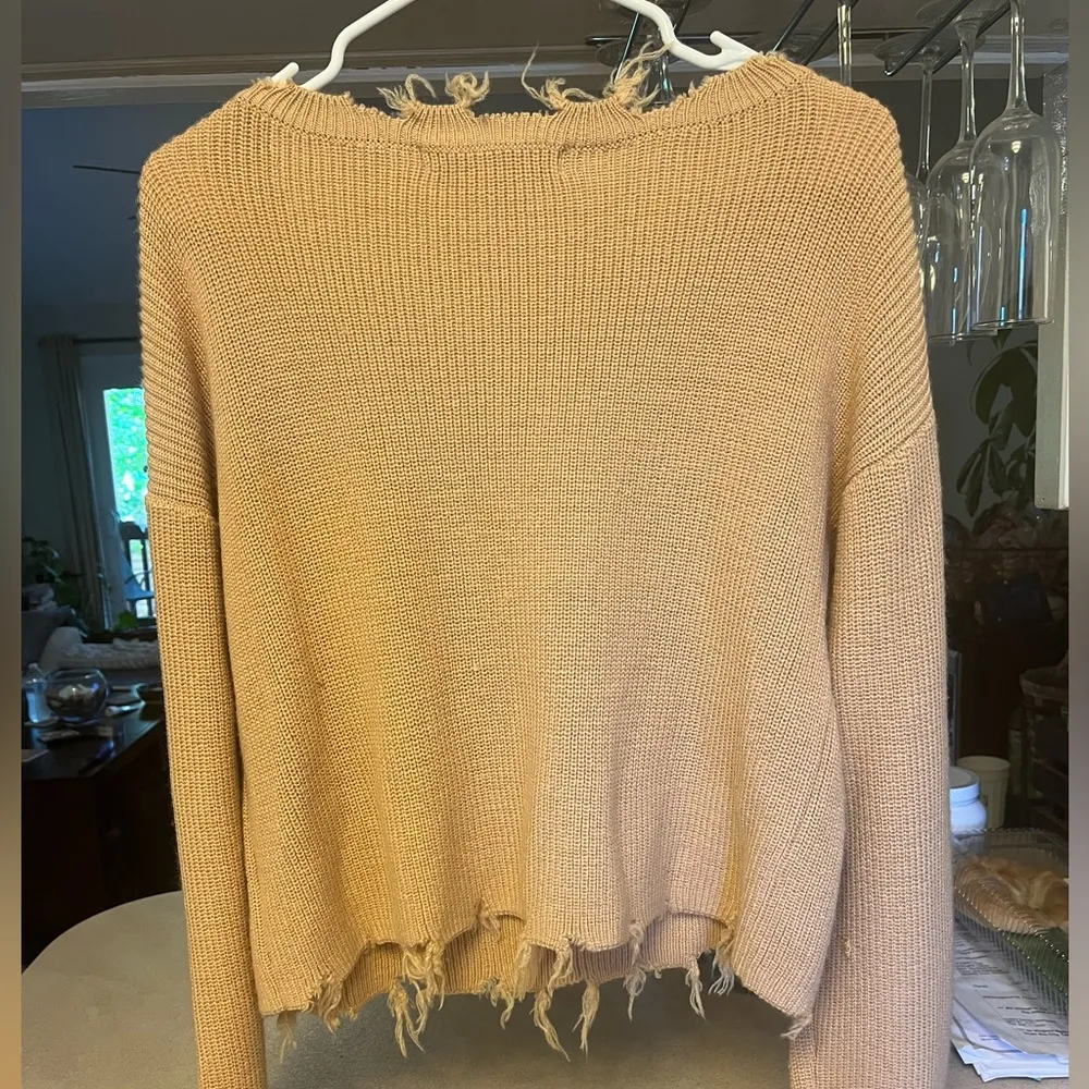 REVOLVE CAMEL BROWN RIBBED B NECK DISTRESSED SWEATER - Image 4