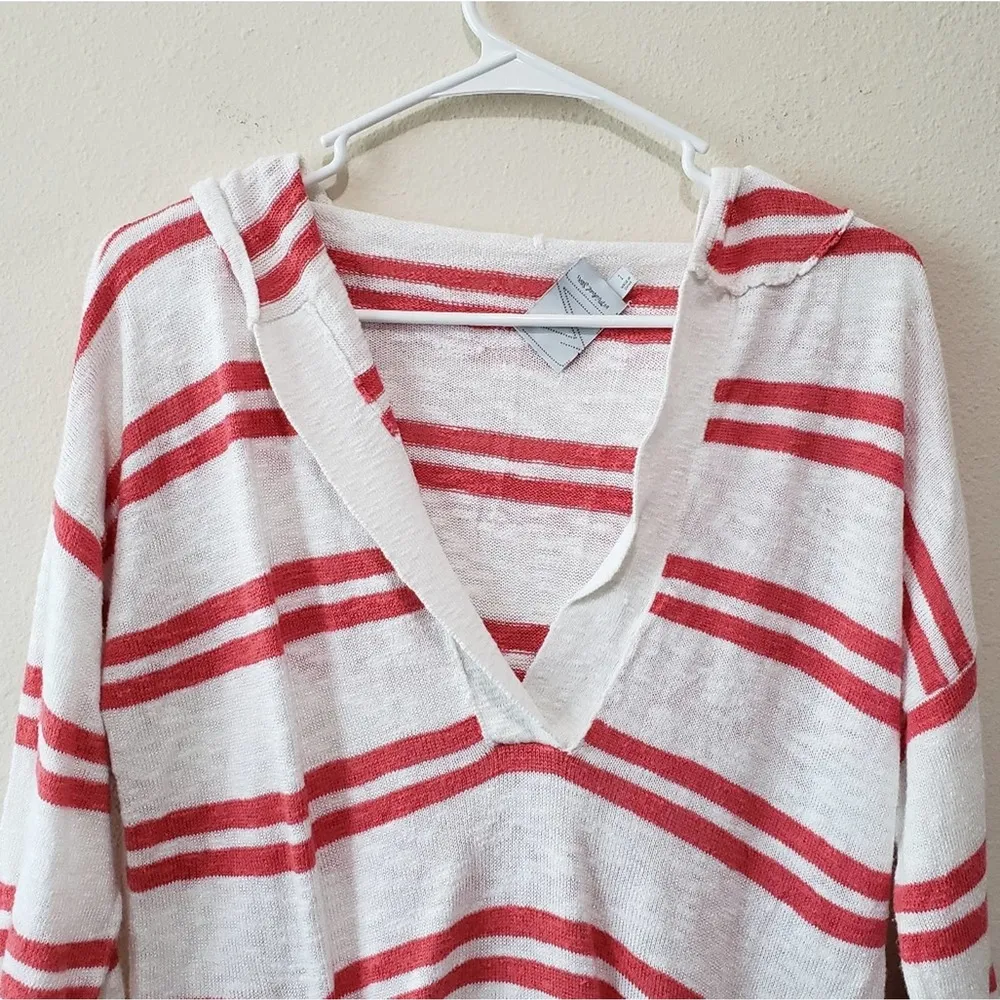 Michael Stars Stripe V-Neck 3/4 Sleeve Knit Drawstring Hem Hoodie Coverup Size 1 - Image 2