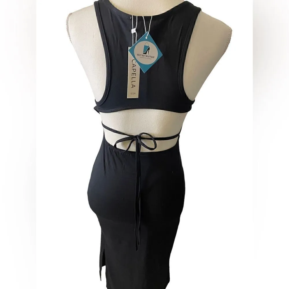 NWT Sleeveless, Strappy cut out back sexy midi Dress/ Black Black - Image 2