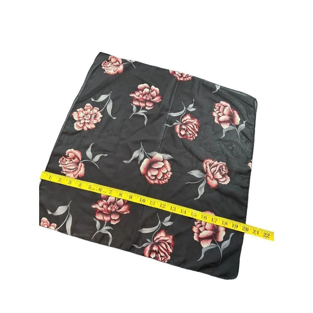 Vintage Floral Silk Scarf 20x20 Inches Black With Red & Pink Flowers Lightweight - Image 4