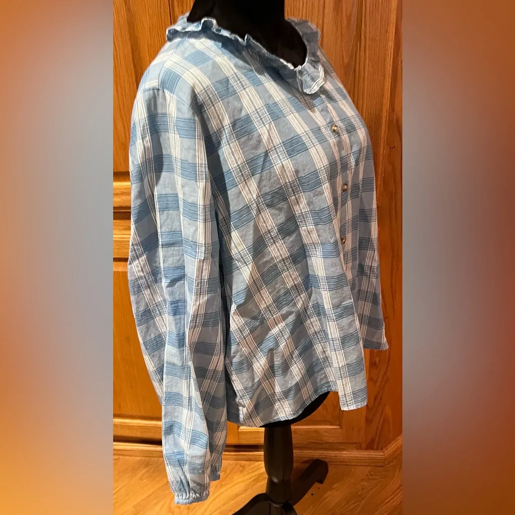 Madewell Ruffle-Neck Colwell Plaid Cotton Top in Ashby Plaid Ocean Wave Size XXL - Image 9