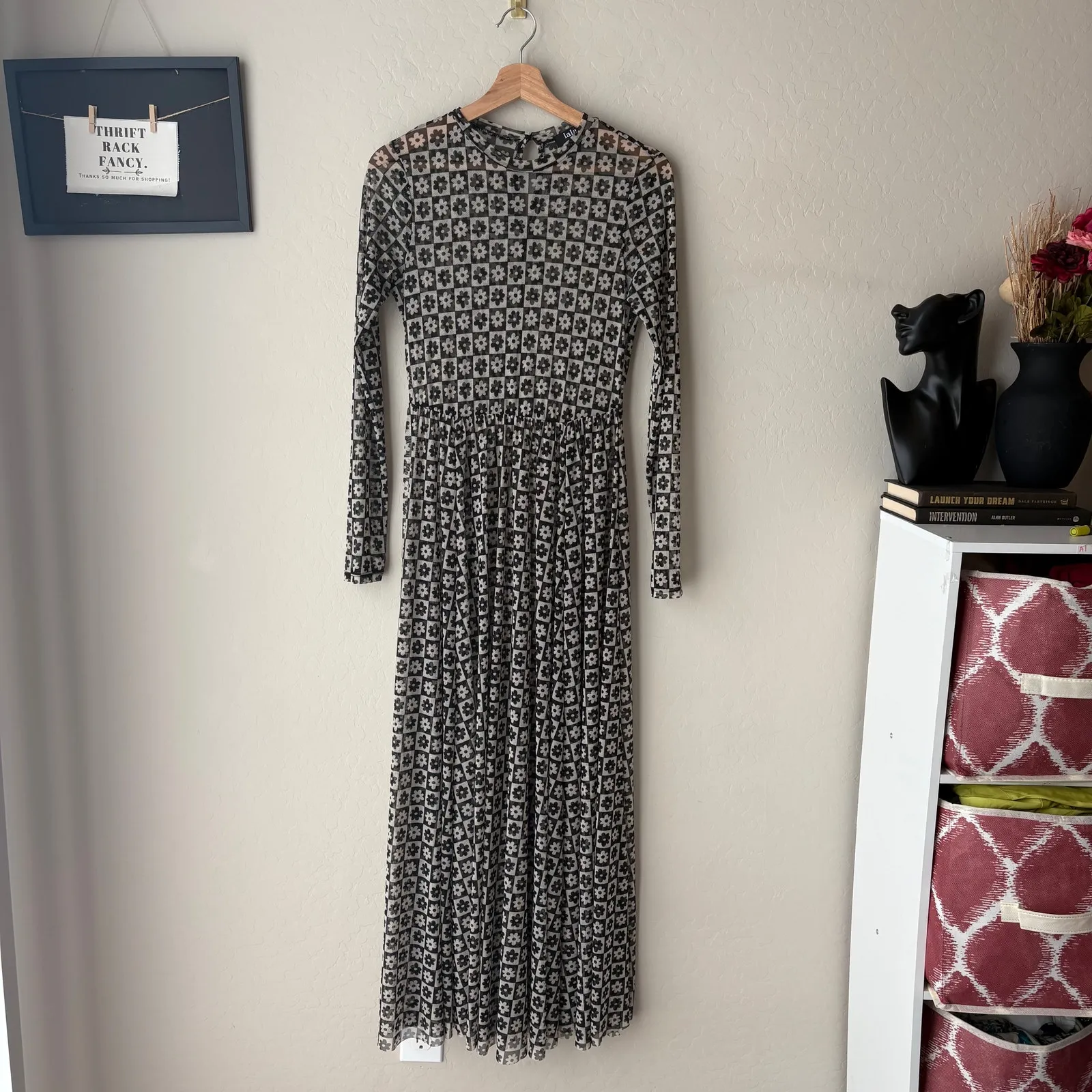 Dressed in Lala Dress Mesh Floral Checkered Long Sleeve Maxi Dress Black White S - Image 2