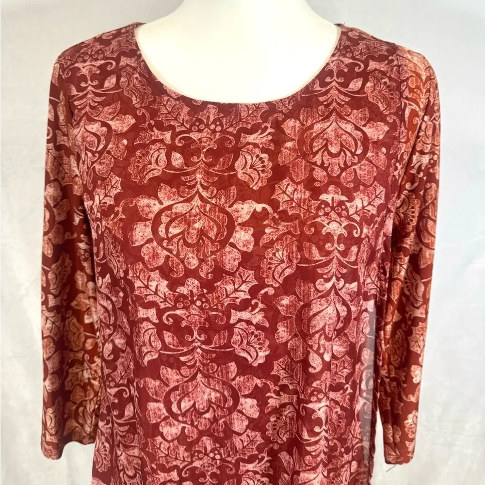 Rust abstract print sheer overlay double layer tunic top size small - Image 2