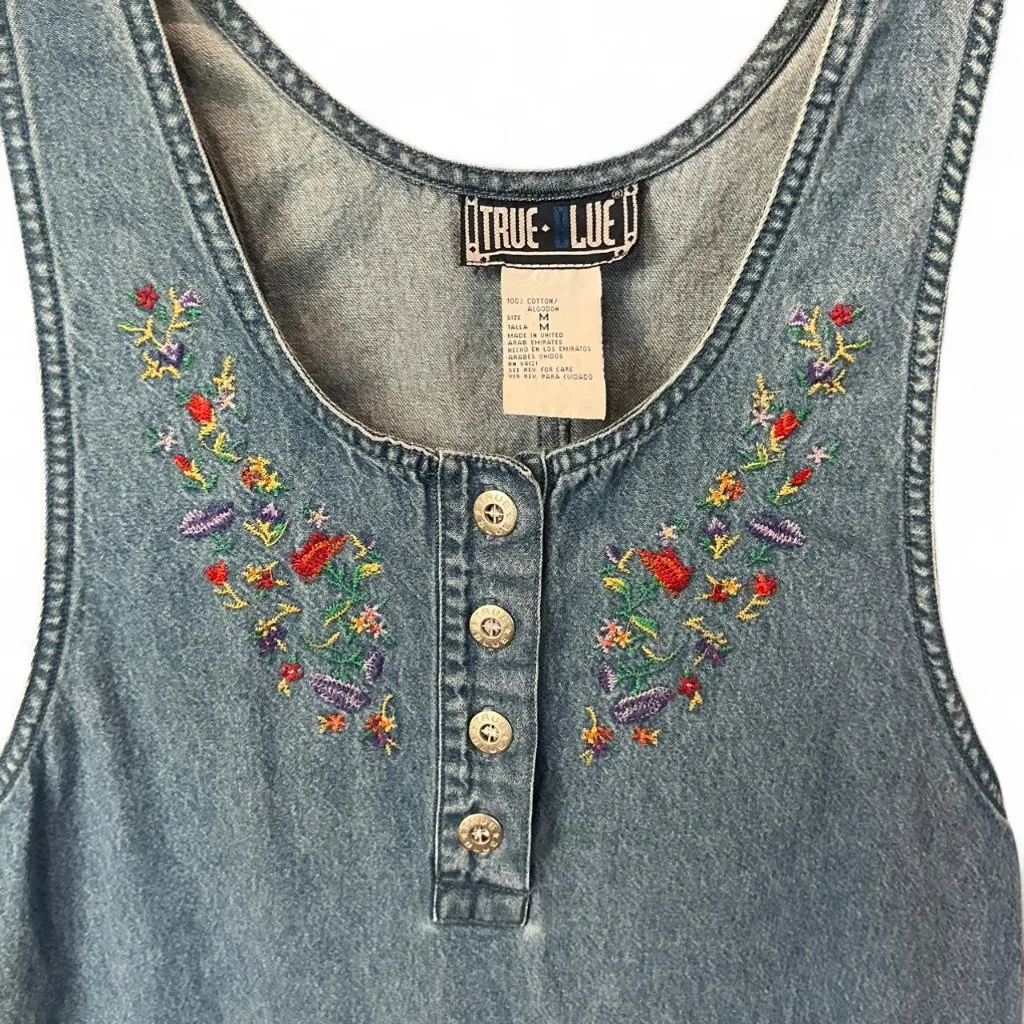 Vintage True Blue Embroidered denim maxi dress button front pockets Medium - Image 2