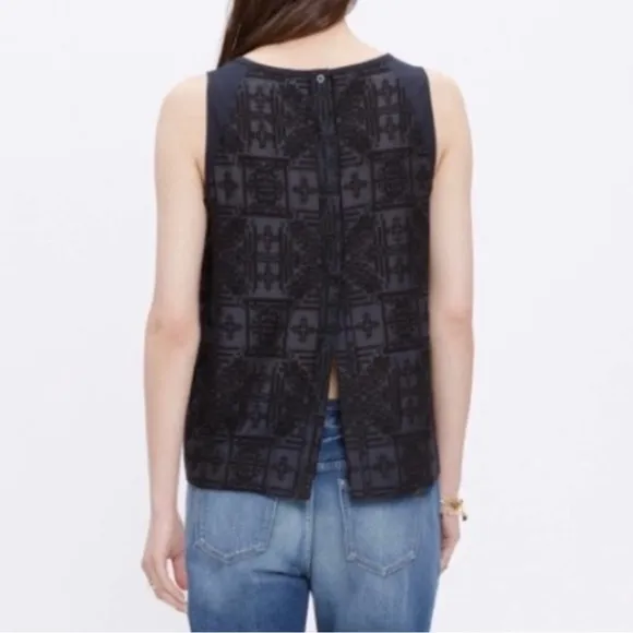 Madewell  Threadwork Embroidered Black Button Down Split Back Tank Top - Image 2