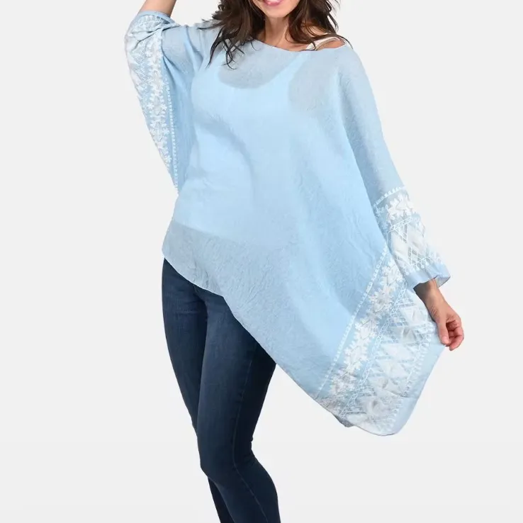 Coco + Carmen Light Blue White Embroider Poncho Cover-Up Blouse One Size Kaftan - Image 2