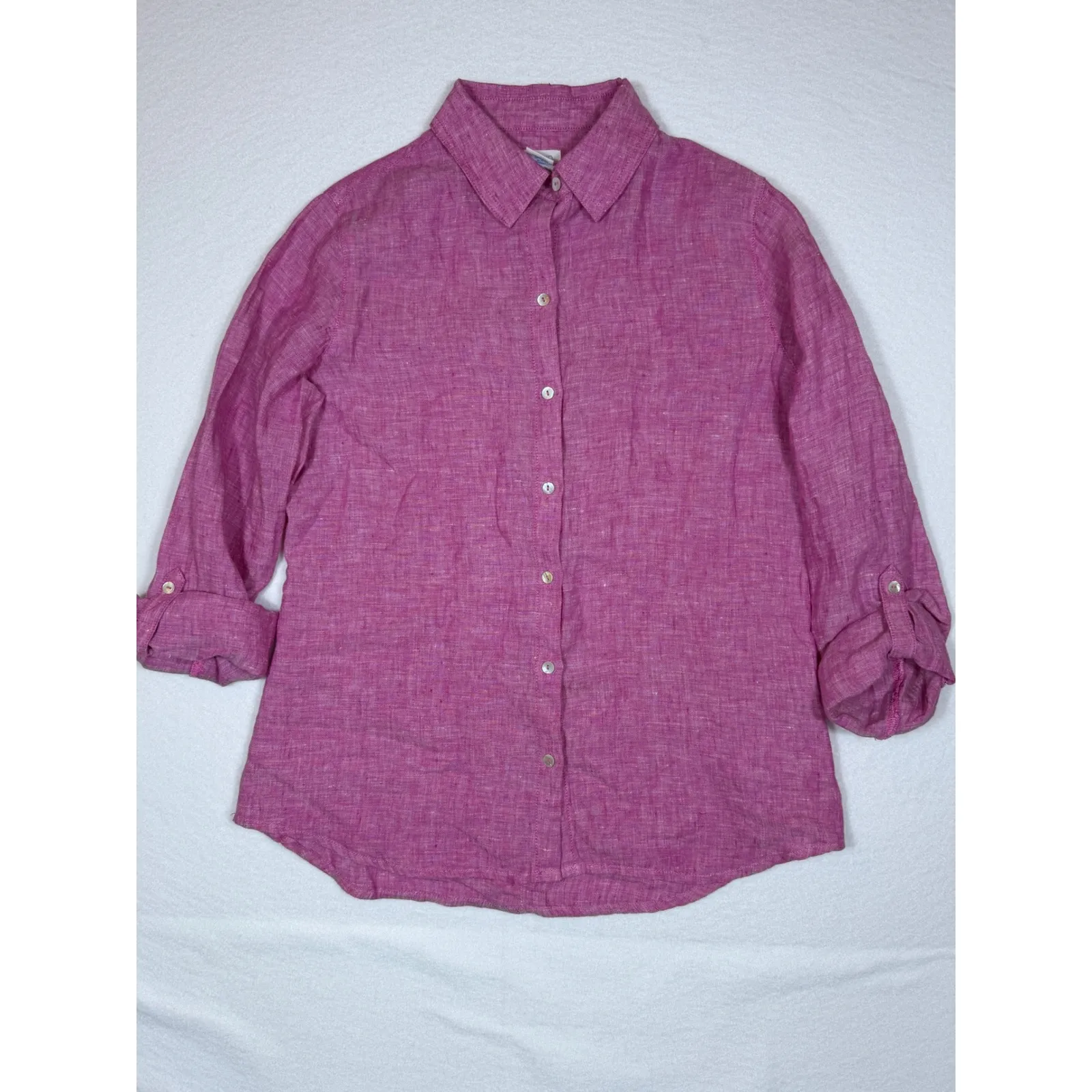SIGRID OLSEN Pink Linen Button Down Shirt Roll Tab Sleeve Size SM - Image 9