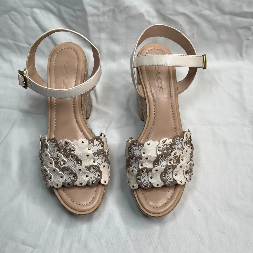 Coach Womens Jae Leather Floral Espadrille Wedge Sandals Size 10 - Image 3