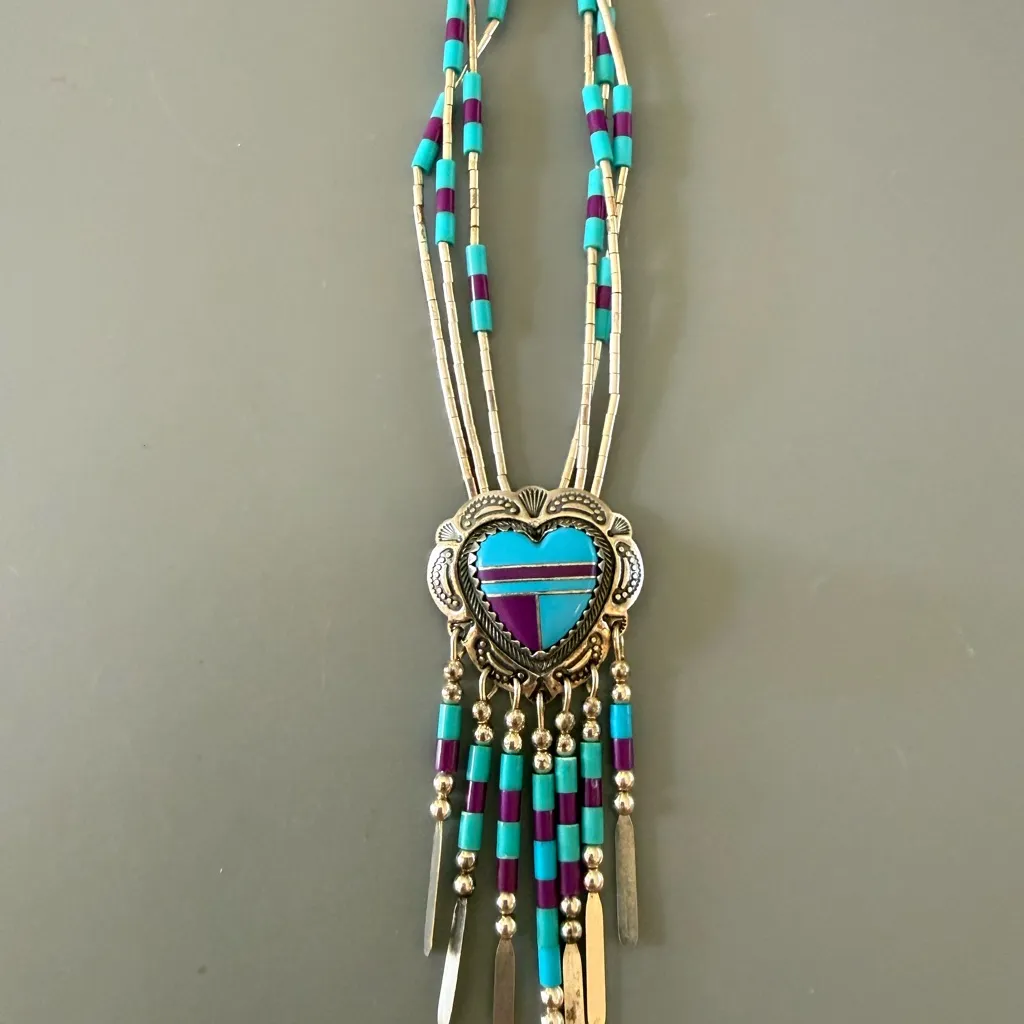 QT QUOC Liquid Sterling Silver Heart Triple Strand Native American Necklace Blue - Image 6