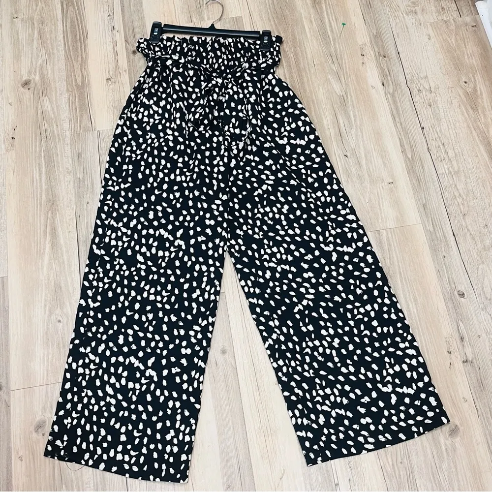 Boutique palazzo Black White Print Elastic Waist Pants tie Size Medium - Image 5