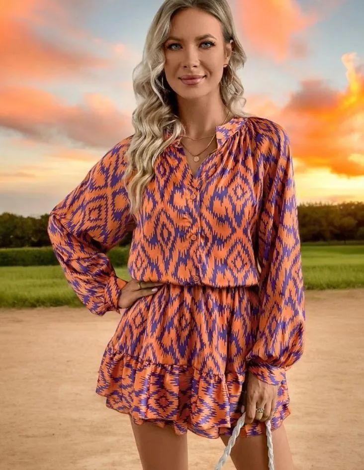 Boutique Vibrant Orange and Purple Aztec Patterned Long Sleeve Romper, Sz S - Image 4