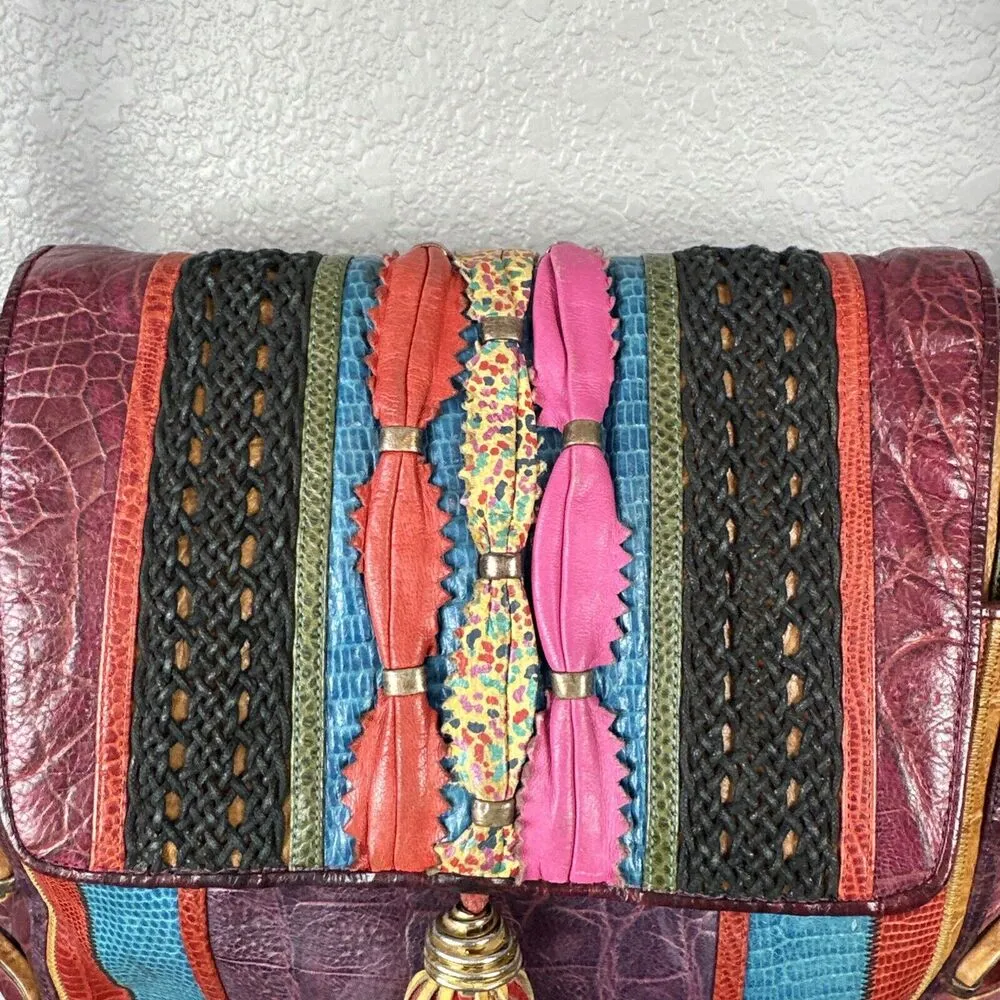 Vintage Sharif Crossbody Flap Bag Rainbow Snake Lizard Leather Colorful Tassel - Image 3