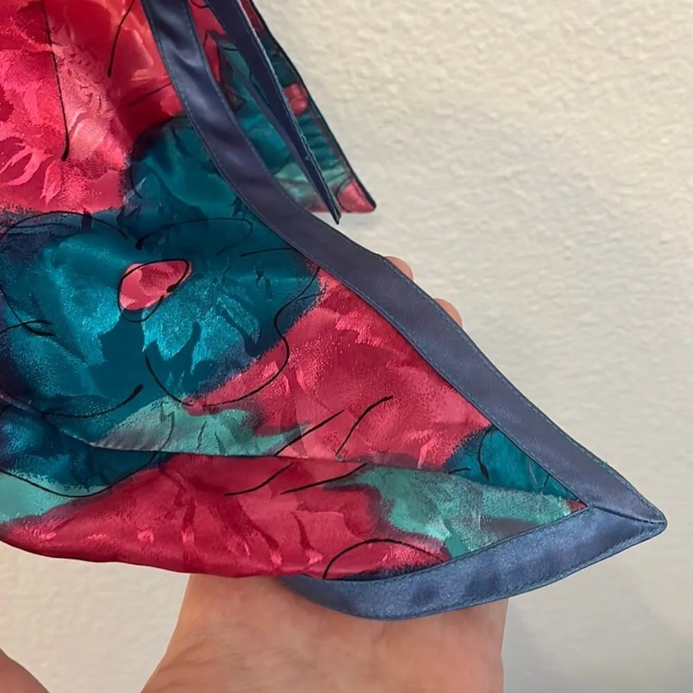 Vintage Satin Top Large Pink Floral Asymmetrical Button Down Artsy Maximalist Pj Blue - Image 6